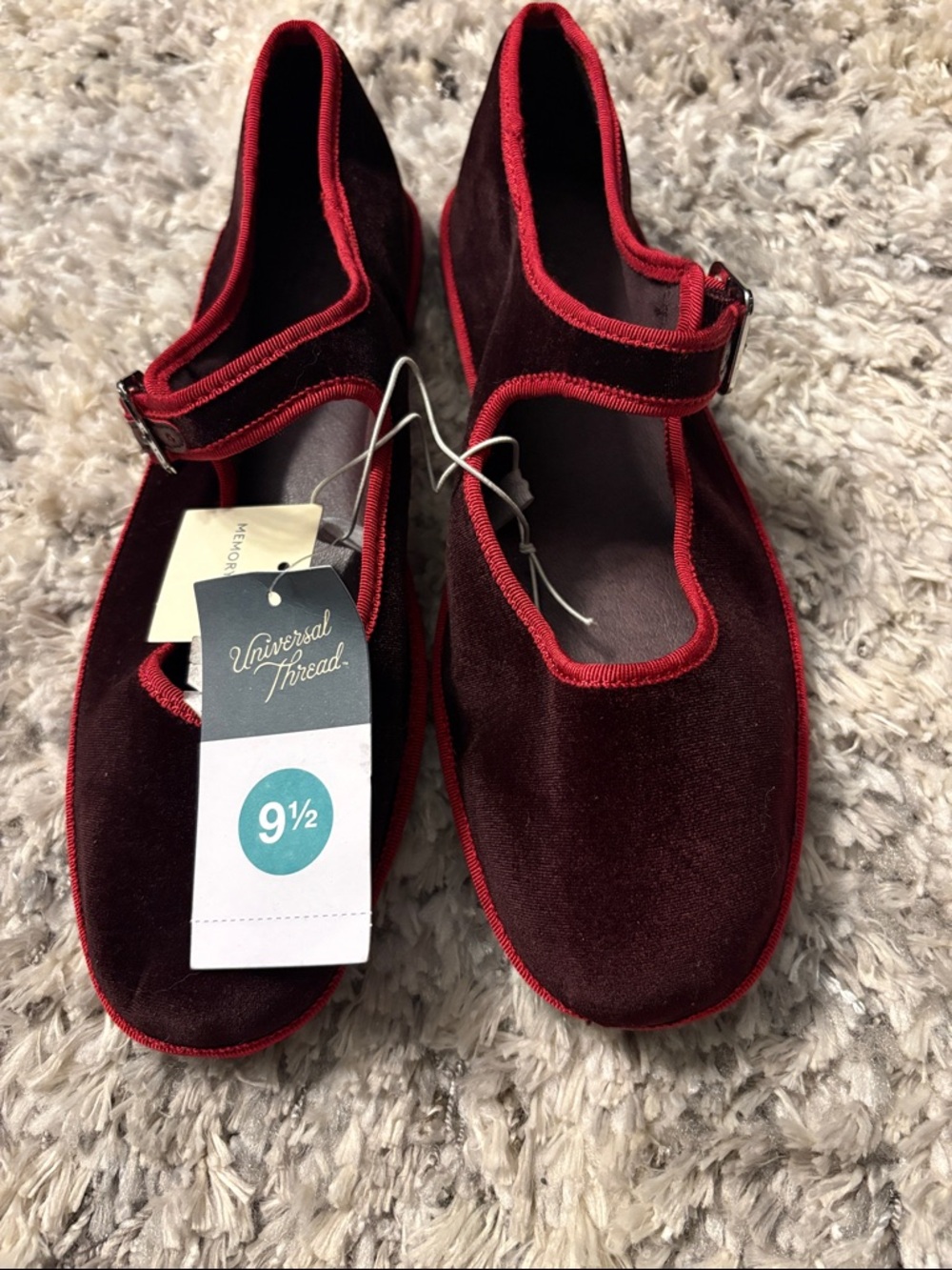 Universal Thread Burgundy Velvet Mary Jane Flats with Red Trim